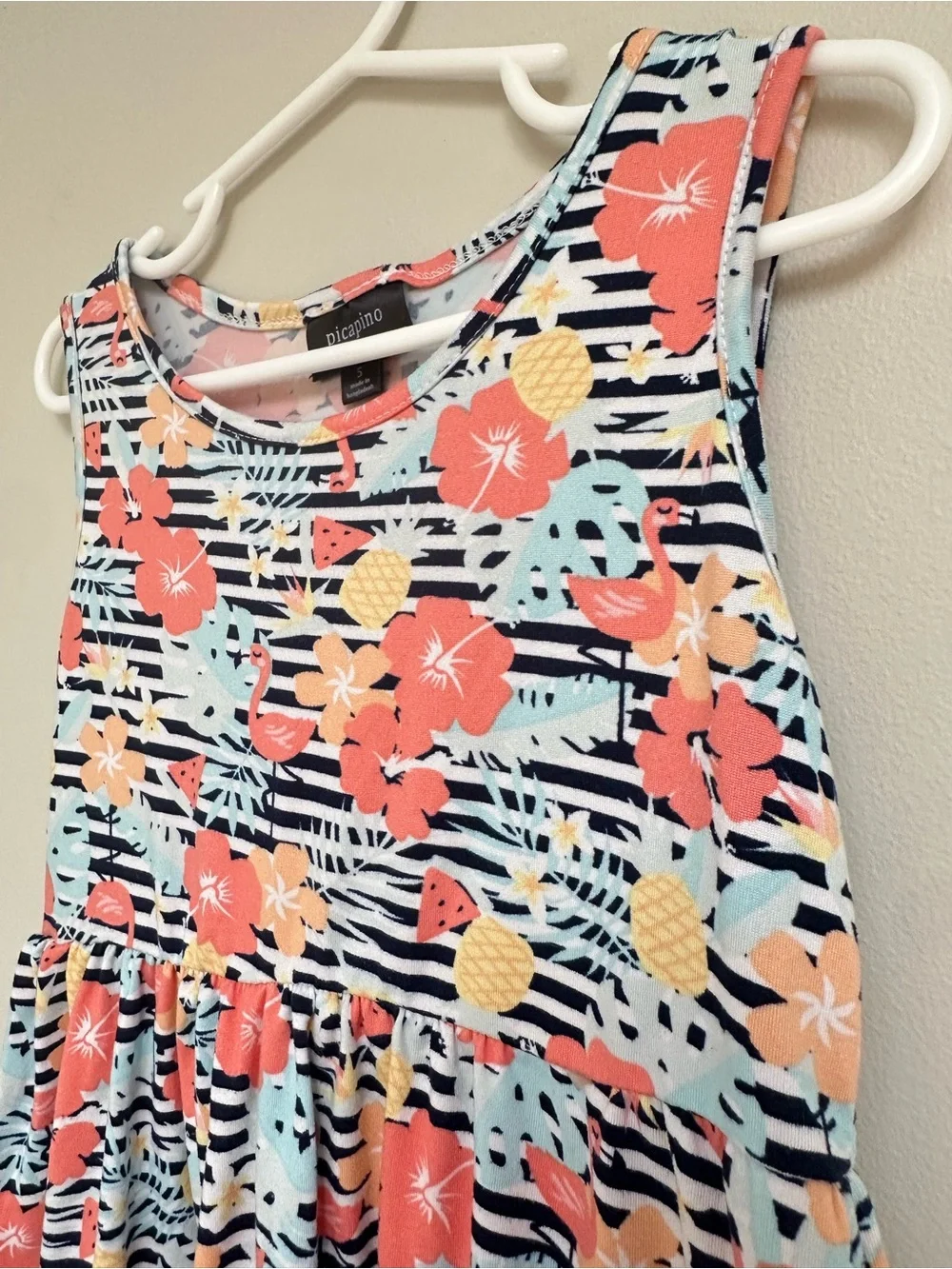 Picapino Girls Tropical Sleeveless Dress Size 5 Hibiscus Pineapple Print